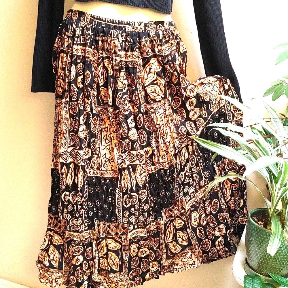 Vintage 90s Clio 2 Batik Broomstick Skirt Black Tan Rayon Maxi Crinkle M L XL 2X